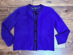 Vintage Venesha Angora Born Fuzzy Cardigan Sweater Jacket Blue Black Sz M